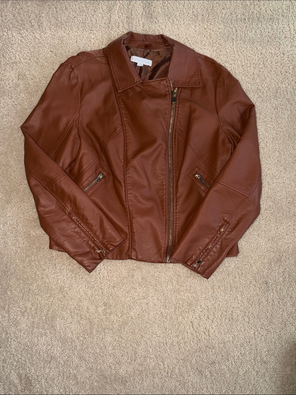 New York & Company Cognac Brown Faux Leather Asymmetrical Zip Jacket